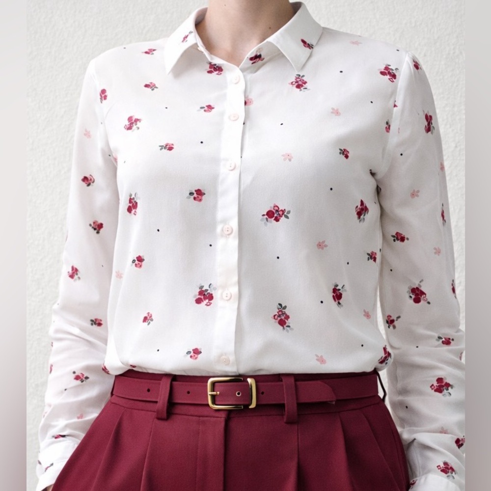 Reserved White Rose Print Button Down Blouse EU 38 US M Long Sleeve